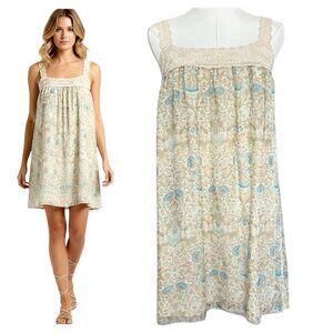 Anthropologie Maeve Silk Mini Dress Cream Blue Crochet Empire M